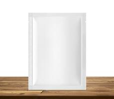 Empty product packaging envelope mockup on white background wooden table photo