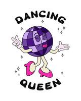 Female disco ball character on print design. Vintage composition with hippie style lettering and funny hand drawn old cartoon character. Slogan Dancing Queen vector