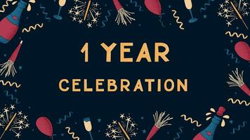 Greeting vector banner with text 1 Year celebration. Dark theme. Template of print design with celebrating elements with dotted texture on dark background. Flat composition for anniversary