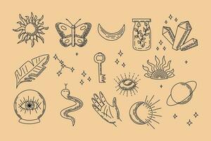 Set of vector linear mystical elements. Linear contour mystery drawings. Doodle collection in flat outline style. good for stickers, pattern, background