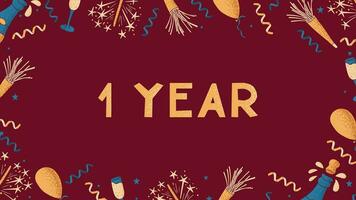 Flat vector banner or frame with text 1 Year. Template of print design with celebrating elements with dotted texture on dark red background. Flat composition for anniversary, birthday or wedding