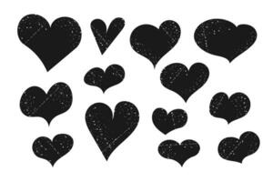 Black flat hearts with grunge texture and scratches. Vector nonideal elements collection. Unique illustration for St Valentines day. Good for stickers, pattern