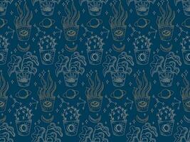 Cosmic mystical flat seamless pattern with home plants. Linear hand drawn esoteric elements on blue background. Good for background, wrapping, textile, background, scrapbooking vector