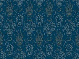 Cosmic mystical flat seamless pattern with home plants. Linear hand drawn esoteric elements on blue background. Good for background, wrapping, textile, background, scrapbooking vector