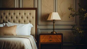 Generative AI, Relaxing bedroom detail of bed with natural linen textured bedding, muted neutral aesthetic colors photo