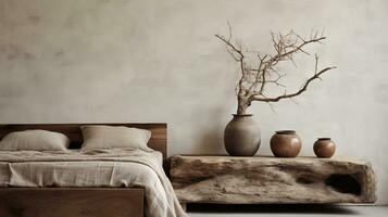 generativo ai, relajante dormitorio detalle de cama con natural lino texturizado lecho, apagado neutral estético colores foto