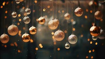 Generative AI, Christmas and new year balls on blurred background, holidays concept, festive winter season background photo