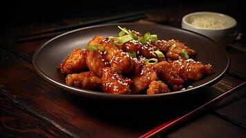 Homemade Asian Food Chinese General Tsos Chicken with Sesame Seeds served with Chopsticks. AI Generative photo