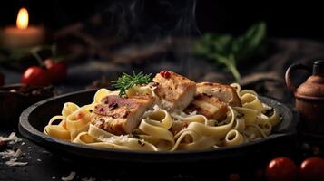 Fettuccine pasta with grilled chicken fillet on black background. AI Generative photo