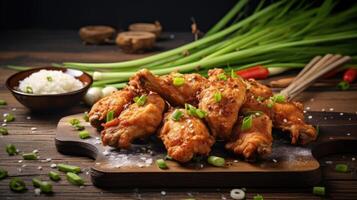 chicken wings in a bowl with green onions and garlic on a rustic background. photo