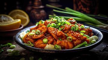 Asian Orange Chicken with Green Onions center of the canve. AI Generative photo