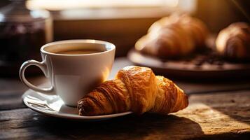 Capture a Cozy Morning Scene with a Cup of Coffee and Home. photo
