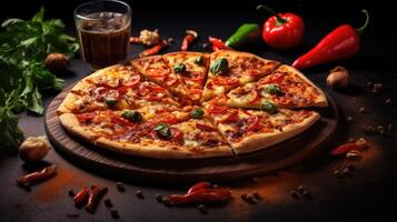 pizza with pepper, tomatoes and other ingredients on a black background. photo