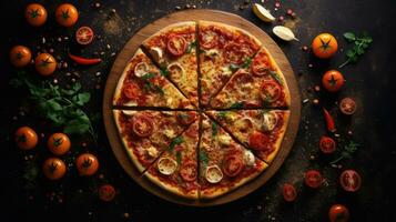 pizza with tomatoes and cheese on a dark background photo