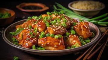 Asian Orange Chicken with Green Onions center of the canve. AI Generative photo