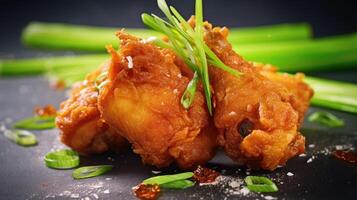 Fried Chicken with Green Onions Center. photo