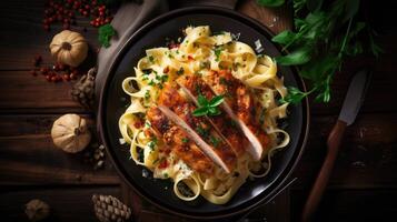Spaghetti carbonara with chicken and parmesan on a wooden background top view. photo