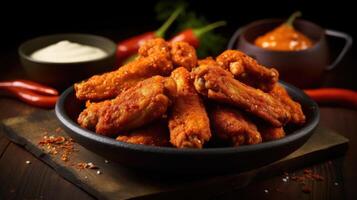chicken wings in a bowl with sauce and chili peppers. photo