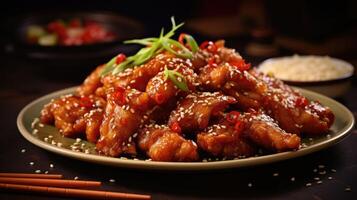 General Tsos chicken - beautifully arranged and served on a white plate. photo