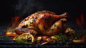 Grilled Chicken Breast Served with Herbs and Lemons. photo
