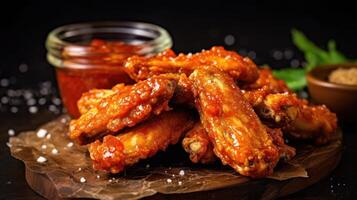 chicken wings with sauce and spices on a wooden board. photo