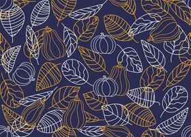 Seamless pattern of autumn leaves and pumpkins on a dark blue background. photo