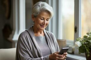 Healthy cheerful senior female using smart phone in her cozy living room, technology and communication,AI Generated photo