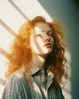 Portrait of young red hair female model looking rays light shadow overlay on her face, calm emotional expression,AI Generated photo