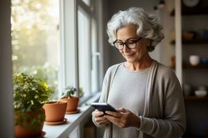 Healthy cheerful senior female using smart phone in her cozy living room, technology and communication, AI Generated photo