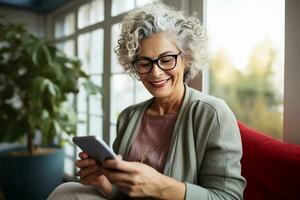 Healthy cheerful senior female using smart phone in her cozy living room, technology and communication,AI Generated photo
