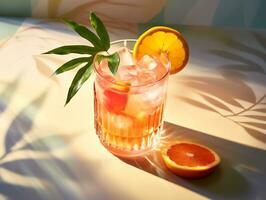 Mocktail con Fresco Fruta en tropical vistoso fondo, ai generado foto