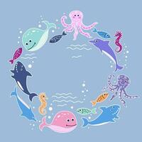 Frame with swimming fish, whales, sharks, octopuses and seahorses. vector