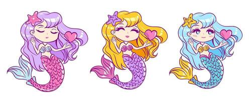 Set of cute mermaids with hearts for design on a white background. vector