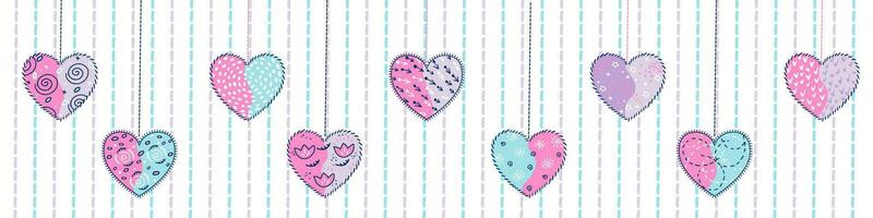 Background with hand drawn colored hearts decorated with pattern and stitches. vector