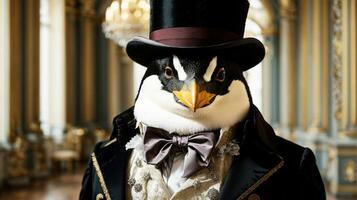 Anthropomorphic Series - A dandy penguin in a Renaissance palace - AI Generative photo