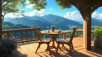 Ai generative, a table and chairs on a deck overlooking the mountains video