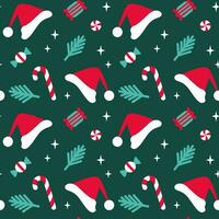 Christmas elements seamless pattern for paper, fabric, decoration. Dark green holidays background. Flat style. vector