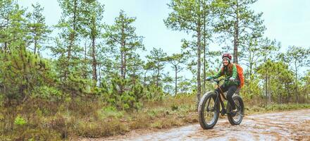 Asian women Travel photograph Nature. Travel relax ride a bike Wilderness in the wild. Thailand photo