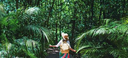 las mujeres asiáticas viajan relajarse viajar naturaleza en las vacaciones. estudio de la naturaleza en el bosque. niña feliz caminando sonriendo y disfrutando de viajar a través del bosque de manglares. tha pom-klong-song-nam en krabi. verano foto