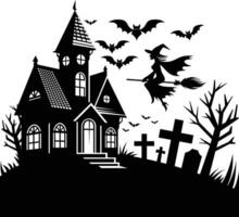 Old haunted house with bats flying around, a graveyard in the front, and a silhouette of a witch on a broom, stock vector image, Halloween themed vector illustration.