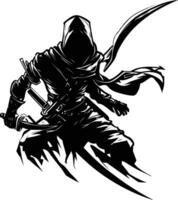 Assassin black and white stock vector illustration, assassin  in a hood, ancient assassin silhouette , black and white stock vector image