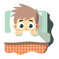 Young boy with wide eyes and tousled hair, sitting up in his bed with blankets pulled up to his chin, looking startled, flat style vector illustration, Scared boy hiding behind