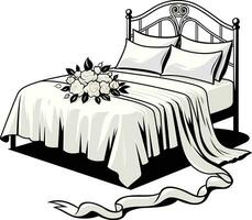 Boda cama con un sedoso blanco sábana y satín cintas, vector ilustración, Luna de miel cama en blanco tema con flor ramos de flores en él, valores vector imagen