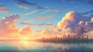 Beautiful city landscape background. Cartoon summer sunset with clouds and lake. Anime style photo