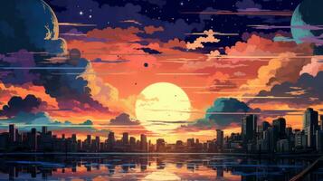Beautiful city landscape background. Cartoon summer sunset with clouds and lake. Anime style photo