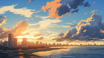 Beautiful city landscape background. Cartoon summer sunset with clouds and lake. Anime style photo