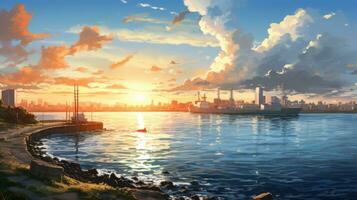 Beautiful city landscape background. Cartoon summer sunset with clouds and lake. Anime style photo