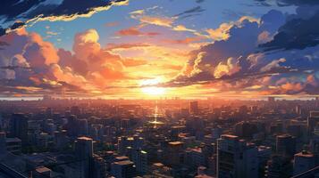 Beautiful city landscape background. Cartoon summer sunset with clouds. Anime style photo