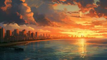 Beautiful city landscape background. Cartoon summer sunset with clouds and lake. Anime style photo