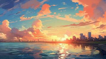 Beautiful city landscape background. Cartoon summer sunset with clouds and lake. Anime style photo